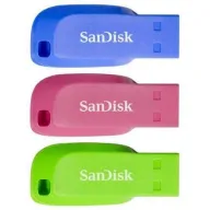 סט 3 יחידות זיכרון נייד SanDisk Cruzer Blade - דגם SDCZ50C-016G-B46T - נפח 16GB - צבע ורוד / כחול / ירוק
