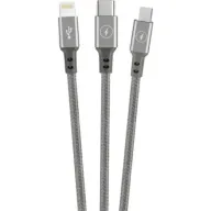 כבל ניילון 3 ב-1 לסנכרון וטעינה Silver Line עם חיבורי Lightning, מיקרו USB ו-Type-C באורך 1.5 מטר - צבע אפור