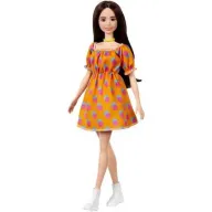 ברבי שיער חום עם שמלת נקודות כתומה - סדרת פאשניסטה מבית Mattel