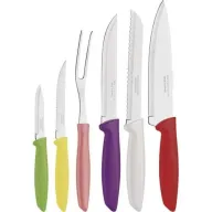 סט 5 סכינים מנירוסטה עם ידיות פוליפרופילן + מזלג בשר Tramontina Plenus צבעוני