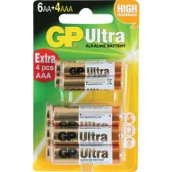 4 סוללות AAA ו-6 סוללות AA לא נטענות דגם Ultra Alkaline של חברת GP