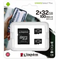 מארז 2 כרטיסי זיכרון עם מתאם Kingston Micro SDHC Canvas Select Plus UHS-I SDCS2/32GB-2P1A - נפח 32GB