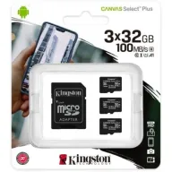 מארז 3 כרטיסי זיכרון עם מתאם Kingston Micro SDHC Canvas Select Plus UHS-I SDCS2/32GB-3P1A - נפח 32GB