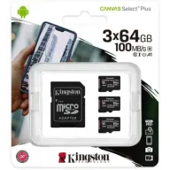 מארז 3 כרטיסי זיכרון עם מתאם Kingston Micro SDXC Canvas Select Plus UHS-I SDCS2/64GB-3P1A - נפח 64GB