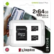 מארז 2 כרטיסי זיכרון עם מתאם Kingston Micro SDXC Canvas Select Plus UHS-I SDCS2/64GB-2P1A - נפח 64GB
