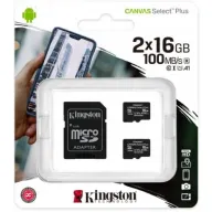 מארז 2 כרטיסי זיכרון עם מתאם Kingston Micro SDHC Canvas Select Plus UHS-I SDCS2/16GB-2P1A - נפח 16GB