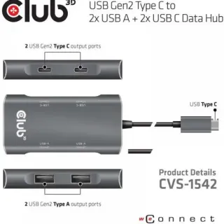 image #2 of מפצל בחיבור USB 3.1 Club3D 2xUSB Type A + 2xUSB Type-C Data Hub 