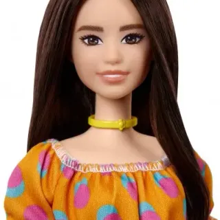 image #4 of ברבי שיער חום עם שמלת נקודות כתומה - סדרת פאשניסטה מבית Mattel