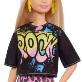 image #4 of ברבי פאשניסטה - בלונדינית עם חולצת רוק וחצאית ורודה מנומרת מבית Mattel 