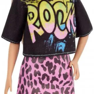 image #5 of ברבי פאשניסטה - בלונדינית עם חולצת רוק וחצאית ורודה מנומרת מבית Mattel 