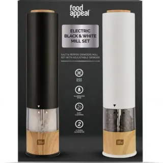 image #1 of מציאון ועודפים - זוג מטחנות מלח פלפל אלקטרוניות עם מנגנון גריסה מתכוונן Food Appeal - צבע לבן שחור