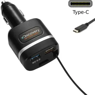 image #0 of מטען מהיר לרכב בחיבור USB כפול עם כבל נגלל Discovery Type-C USB 3.5A / QC3.0