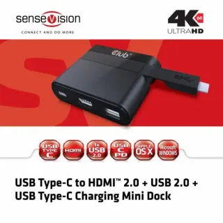 image #1 of תחנת עגינה Club3D USB Type-C to HDMI 2.0 + USB 2.0 + USB Type-C Charging Mini Dock CSV-1534