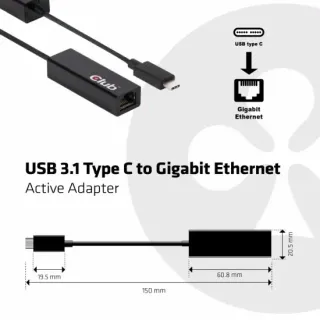 image #1 of מתאם רשת Club3D USB 3.1 Type-C Male to Gigabit Ethernet Female Active Adapter CAC-1500