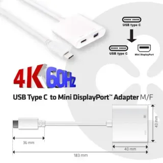 image #3 of מתאם Club3D Passive CAC-1509 מחיבור USB 3.1 Type-C זכר לחיבור Mini DisplayPort 1.2 4K60Hz UHD/3D נקבה ואפשרות טעינה PD 60W