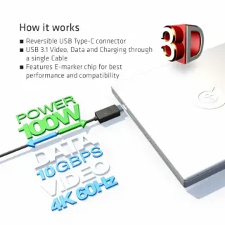 image #3 of כבל Club3D CAC-1522 בחיבור USB 3.1 Type-C זכר 10Gbps 4K60Hz UHD/3D PD 100W באורך 0.8 מטר