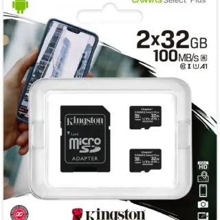image #0 of מארז 2 כרטיסי זיכרון עם מתאם Kingston Micro SDHC Canvas Select Plus UHS-I SDCS2/32GB-2P1A - נפח 32GB