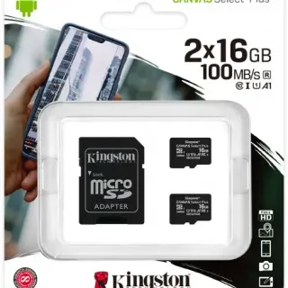 image #0 of מארז 2 כרטיסי זיכרון עם מתאם Kingston Micro SDHC Canvas Select Plus UHS-I SDCS2/16GB-2P1A - נפח 16GB