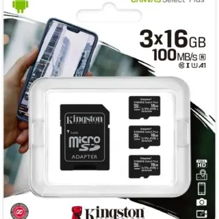 image #0 of מארז 3 כרטיסי זיכרון עם מתאם Kingston Micro SDHC Canvas Select Plus UHS-I SDCS2/16GB-3P1A - נפח 16GB