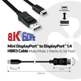 image #1 of כבל מחיבור Mini DisplayPort לחיבור DisplayPort 1.4 HBR3 8K60Hz באורך 2 מטרים Club3D CAC-1115
