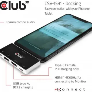 image #5 of מתאם Club3D USB 3.1 Type-C 4-in-1 CSV-1591 מחיבור USB 3.1 Type-C זכר לחיבור HDMI, USB Type-C PD, USB 2.0, 3.5mm נקבה 